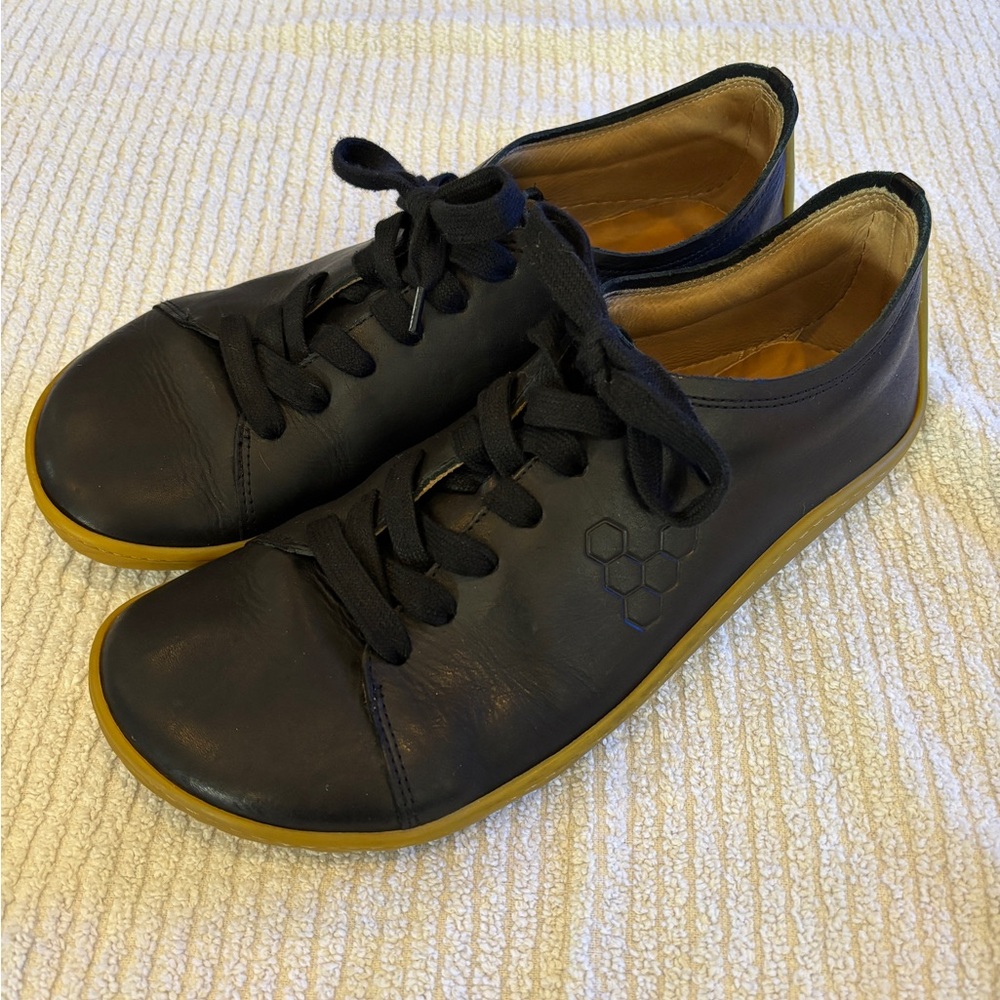 Vivo Barefoot Black Leather Sneakers with Yellow Gum Sole